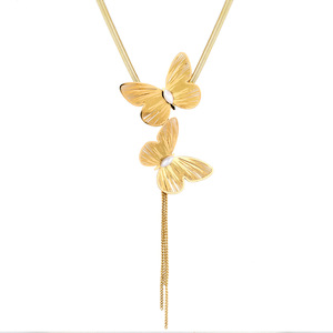 Collier YF8469 de luxe exquis à double <span class=keywords><strong>papillon</strong></span> et pompon, plaqué or 18 carats, en acier inoxydable étanche, avec chaîne serpent plate en perles - Product Image 5