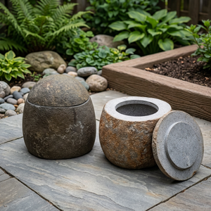 Supports à fleurs en pierre pour l'extérieur, design minimaliste Wabi Sabi, jardinières en pierre naturelle, forme irrégulière, sans trou de drainage - Product Image 4