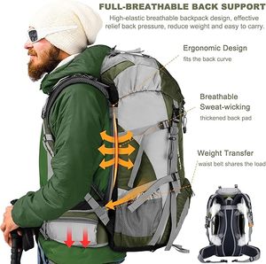 50L Breathable BackSupport Hiking <b>Backpack</b> Ergonomic Weight Transfer Waist Belt Adjustable Strap System <b>Trekking</b> Camping Daypack - Product Image 2