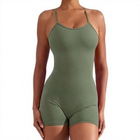 Combinaison de sport pour femme, dos nu, à fines bretelles, imprimée, infroissable, en Spandex/Nylon, couleur unie, avec short taille haute, vert olive