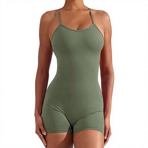 Women Backless Spaghetti Strap Printed Anti-Wrinkle Spandex/Nylon Sports <b>Bodysuit</b> Solid Color High Waisted <b>Shorts</b> Olive Green - Product Image 3