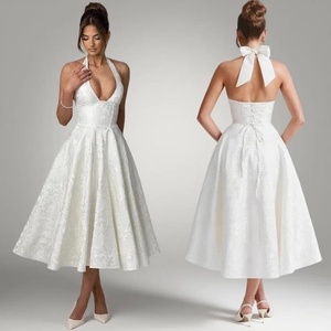 CA0026 Nuovo Corsetto Bianco in Jacquard con Scollo a V, Schiena Scoperta, <span class=keywords><strong>Senza</strong></span> Maniche, con Lacci, Elegante Abito da Sera Lungo Midi per <span class=keywords><strong>Donne</strong></span> e Signore - Product Image 1