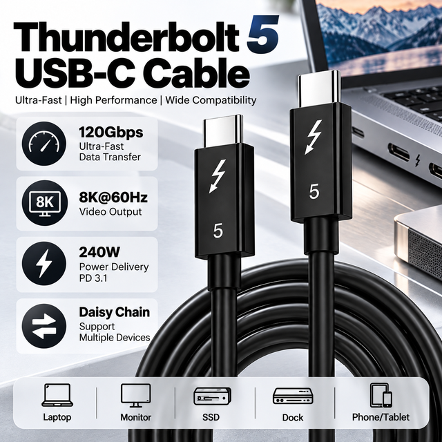 Thunderbolt 5 Cable USB C to USB C High Speed Data Transfer 16K Video Output 5A Fast Charging for Laptop Docking Station