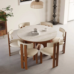 Mesa de comedor de madera con losa de roca travertino de estilo Vintage, juego de sillas de mesa de comedor de Color nogal de madera maciza Rectangular para el hogar y el Hotel - Product Image 3