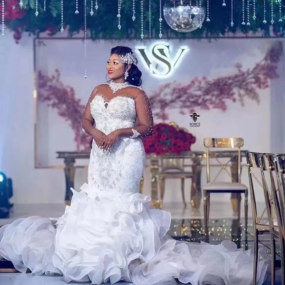 New African Mermaid Slim-fit Wedding Dress Color Mesh Diamond Embellish  Long Sleeve Big Train Bridal Fishtail| Alibaba.com