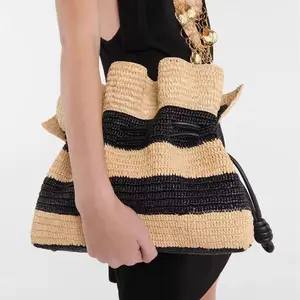 2024 Designer Large Capacity String Straw Tote Bag Stripe Women Summer Oversized Spanish Brodery Straw Bag