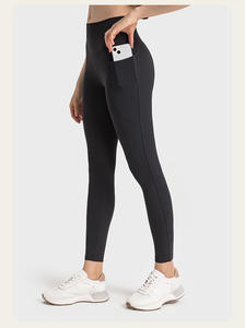 Leggins deportivos sólidos desnudos con logotipo personalizado para mujer, pantalones de Yoga transpirables de cintura alta de secado rápido con bolsillos - Product Image 6