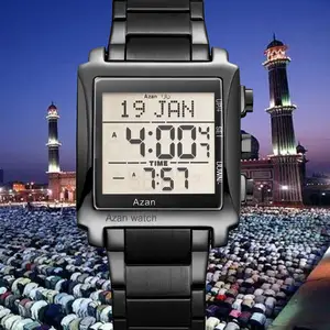 Stainless Steel Digital Alfajr Azan Doa Jam Tangan Pria Arab Azan Clock