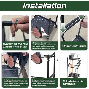 Thesetop Garden Tool Organizer 3 Tier Metal Rack With <b>Hooks</b> And Slots For Garage Storage Heavy Duty Alloy Steel Powder Coated - Product Image 3