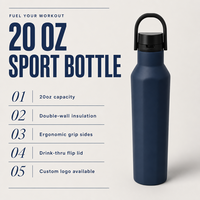 Bouteille d'eau isotherme de style cantine 20 oz en acier inoxydable à double paroi sous vide, thermos mat pour le sport, la gym, les activités de plein air, avec logo OEM