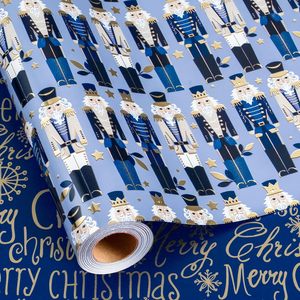 Burymento Christmas <b>Wrapping</b> <b>Paper</b> Reversible Blue Nutcracker 17 In X 32.8 Ft Recyclable Gift Craft - Product Image 6