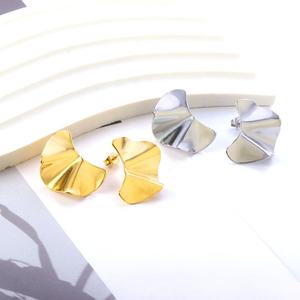Wholesale Custom Minimalist Stainless Steel <b>Earrings</b> 18K Gold Plated Women Irregular Glossy Bump Fan Shape <b>Stud</b> <b>Earrings</b> - Product Image 4