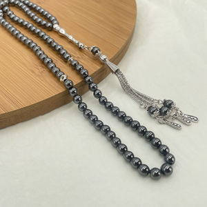 Tasbih en hématite noire, 99 perles, pierre naturelle, chapelet avec pompon, perles de prière islamiques musulmanes pour le culte - Product Image 2