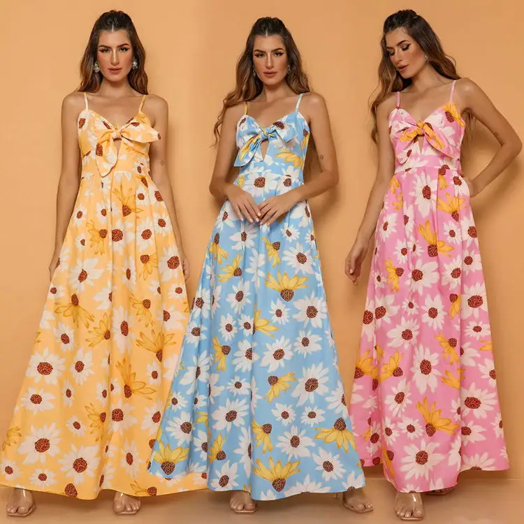 Großhandel Damen Sommer Elegante Femme Longue Flottant Fleur Dos Nu Robe De Plage Blumen Maxi Long Beach Kleid für Frauen