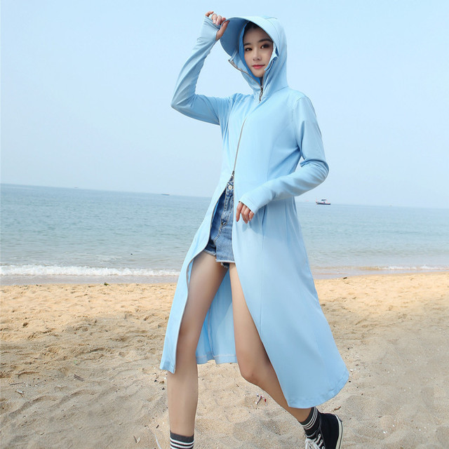 Женская Длинная летняя тонкая одежда для вождения с защитой от солнца и ультрафиолета из ледяного шелка с капюшоном для езды на велосипеде