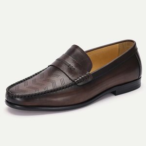 Mocassins pour hommes en cuir véritable à bout rond, motif géométrique, respirants, chaussures de bureau et de carrière - Product Image 1