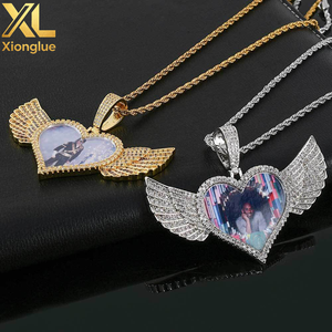 One Custom Heart Wings Photo Pendant Necklace Memory Bling Iced Out Bling Zircon Pictures <b>Rope</b> <b>Chain</b> Hip Hop Sublimation Jewelry - Product Image 6