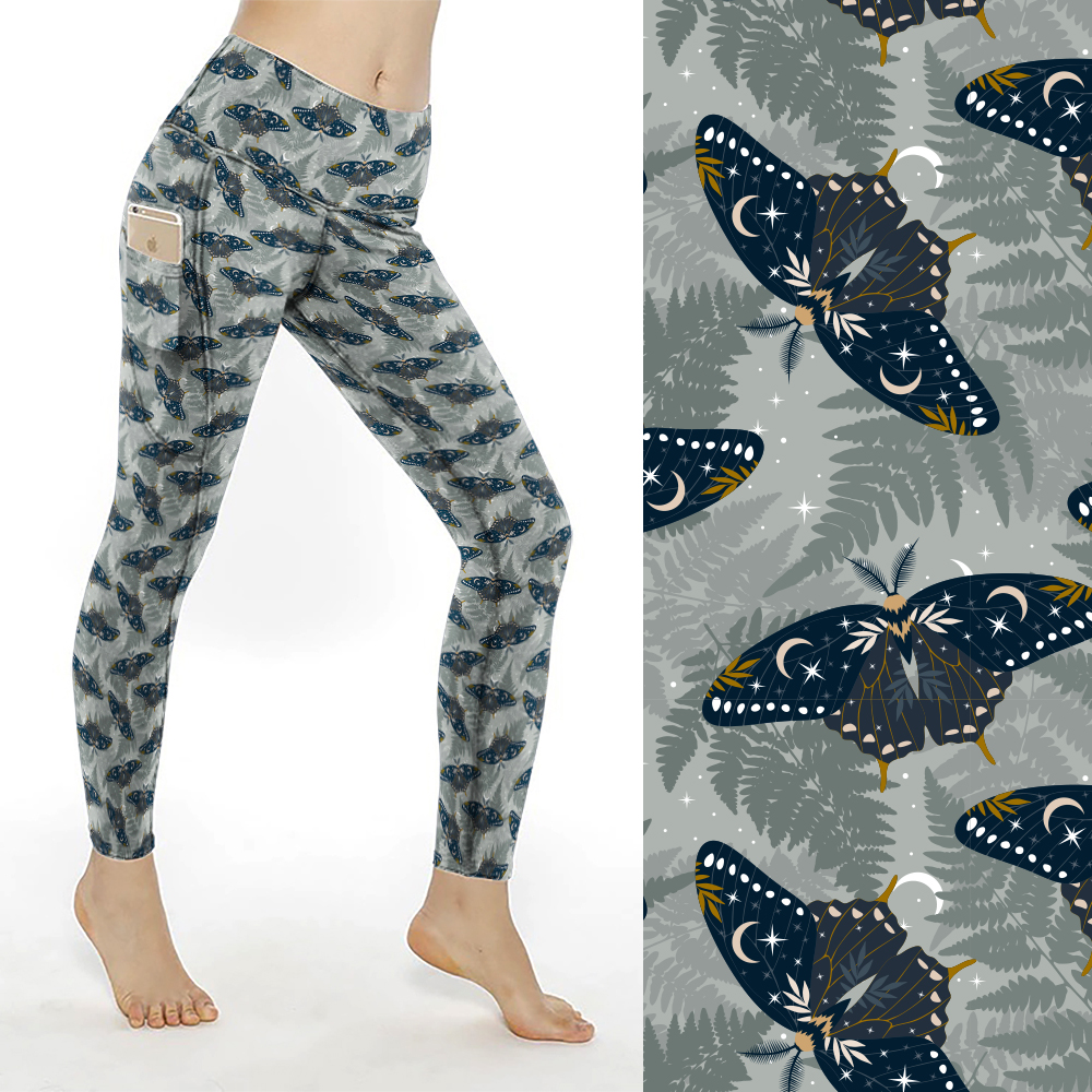Custom Celestial Moth Moon Fern Print Women's Plus Size High Waist Yoga Leggings with Pockets Fitness Pants & Trousers