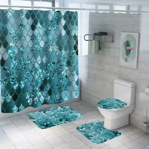 공장 가격 친환경 폴리 에스테르 다이아몬드 프린트 방수 샤워 커튼 세트 욕실 용 미끄럼 방지 욕실 러그 매트