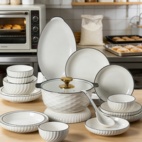 Bol et assiette en céramique de style européen, blanc et noir, avec motif en forme de croissant en relief, vaisselle pour la maison et les restaurants