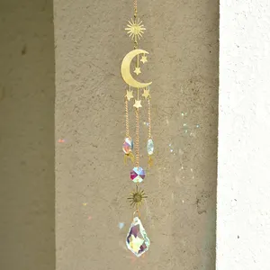 Atacado Pendurado Cristal Lua e Estrelas Sun Catcher Wind Chimes Gold Brass Glass Suncatchers Para Window Decor