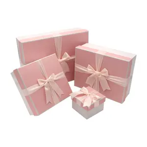 Boîte cadeau de grande capacité avec nœud en ruban Boîte en papier de carton rose décorative personnalisée avec couvercle et couvercle de base Emballage de boîte en gros
