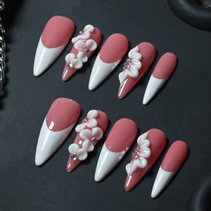 Uñas acrílicas artesanales al por mayor, uñas postizas de cobertura completa en forma de lágrima, diseños de flores talladas a mano, personalización disponible - Product Image 3