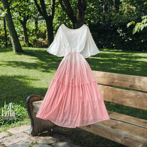 <b>White</b> Pink Contrast Color <b>Boho</b> Chiffon Maxi <b>Dress</b> O-Neck Flutter Sleeve A-Line Loose Summer Casual <b>Dress</b> - Product Image 3