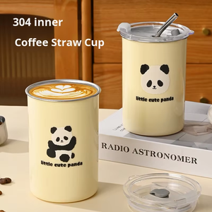 แก้วกาแฟสแตนเลส 304 แบบมีฝาปิดพร้อมหลอด ขนาด 380 มล. ลายแพนด้าน่ารัก  แบบสองชั้นเก็บความร้อน/เย็น  สำหรับเดินทางและใช้ในออฟฟิศ  พร้อมโลโก้สั่งทำได้ - Product Image 1