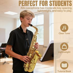 Saxophone alto en Mi bémol Kmise, en laiton léger, kit complet avec étui portable, support de saxophone, sangle, anches, silencieux, kit de nettoyage (laque dorée) - Product Image 6