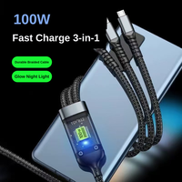 Kabel USB 3-in-1 100W Pengisian Cepat Anyaman Nilon Tipe-C Micro USB-A untuk Ponsel IOS