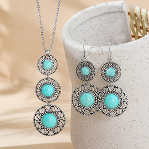 <b>Necklace</b> And Earring <b>Set</b> Turquoise Alloy Bohemian Style Women's Jewelry Party Fashion Antiqued <b>Silver</b> Plated - Product Image 1