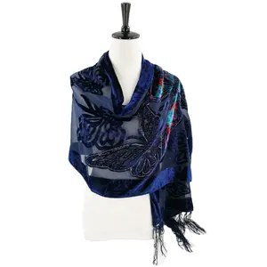 MIO Pashmina Butterfly Velvet Silk Tassels Embroidered velvet scarf peacock Burnout Wrap Shawl Scarf In Yiwu