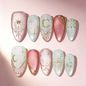 30 faux ongles à presser longs, motif Constellation Lion, effet œil de chat, dégradé jaune, feuille d'or, respectueux de la peau, festifs, vente en gros - Product Image 3