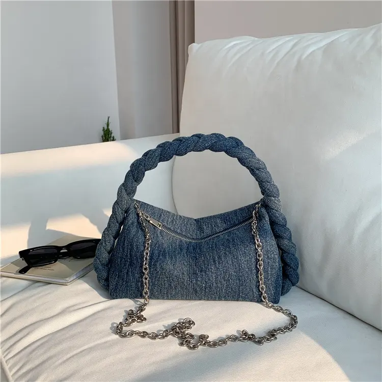 New design handbags denim shoulder small bag Metal chain luxury crossbody bag women Pure hand woven handle fashion hand bag