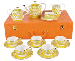 Service à thé en céramique jaune avec couvercle, design rétro, tasses, soucoupes, théière, crémier, sucrier, boîte orange, 15 pièces, service de thé de l'après-midi - Product Image 1