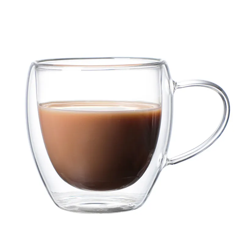 Heat-proof Double Wall Insulated Coffee cup Glass Water Cup Drink Coffee Tea Clear Glass Cup Mug With Bamboo Lid Handle