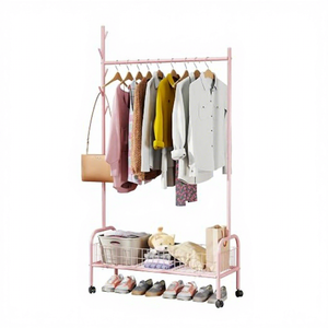 Pink <b>Metal</b> Clothing <b>Rack</b> with Wheels Double Tier Storage <b>Shelf</b> for Living Room Modern Multifunctional Stand Type - Product Image 5
