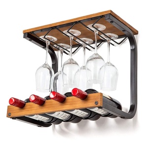 Wine Rack Wall Mounted Handmade Metal & Wood Wine Counter top Rack Wine Storage Shelf with 4 Bottle Decor
