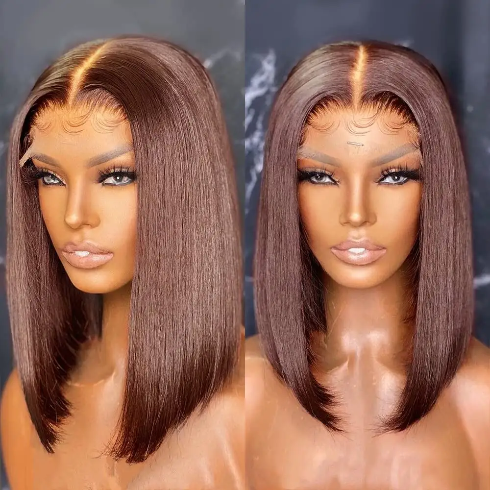 Brown HD Lace Front BOB Wig Colored dark brown #4 Raw Human Hair Short Cut Bob Wig Transparent Lace 4x4 Closure Wigs