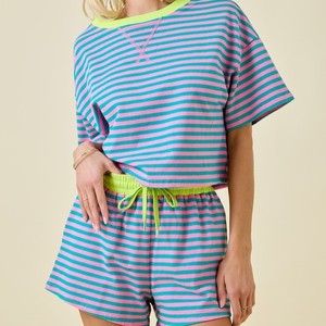 Conjunto de Dos Piezas de Sudadera de Manga Corta a Rayas con Cuello Redondo para <span class=keywords><strong>Mujer</strong></span>, Logotipo Personalizado, Venta al Por Mayor, Fabricante - Product Image 5