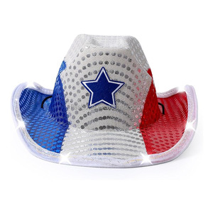 Sombrero de vaquero patriótico intermitente LED del 4 de <span class=keywords><strong>julio</strong></span> con lentejuelas Rojas, blancas y azules, suministros para fiestas - Product Image 2