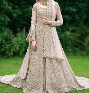 2019 superbe tenue de mariage indien/pakistanais veste longue avec travail de broderie Zardozi lourd et Lehenga - Product Image 3