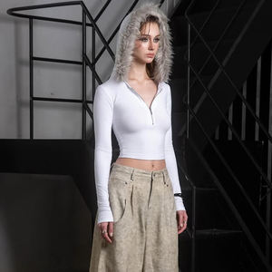 Camiseta con Capucha Informal y Transpirable para Mujer, con Panel de Piel Sintética, Media Cremallera, Estilo Urbano, Bloques de Color, Manga Corta, Color Sólido - Product Image 5