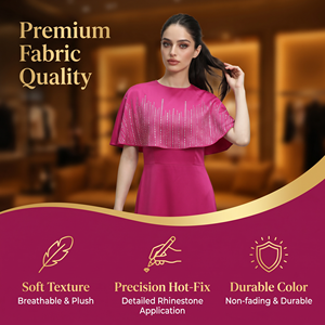 Elegant Casual Vintage Muslim Event Dress Fuchsia Hotfix Maxi Short Sleeve Polyester Anti-Wrinkle Party Gown for Eid Banquet - Product Image 2