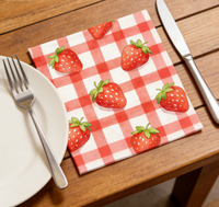 Serviettes de table jetables carrées imprimées fraises à carreaux gingham, style fête et pique-nique, biodégradables