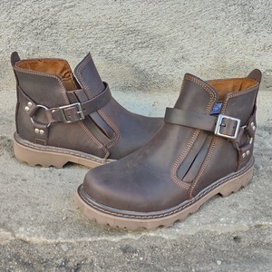 Bottes de travail en cuir pleine fleur pour hommes, bottes à la cheville tendance, bottes de chevalier vintage, chaussures en cuir à boucle - Product Image 2