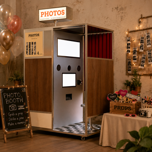 Machine à photos <span class=keywords><strong>de</strong></span> type photomaton rétro en bois avec enseigne néon <span class=keywords><strong>pour</strong></span> bars, discothèques, soirées et événements, compatible avec les smartphones et les iPad - Product Image 3