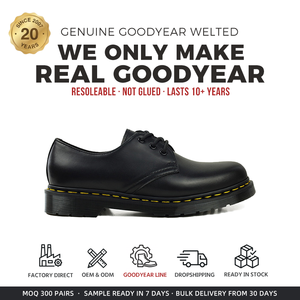 Chaussures Derby Goodyear Welt à 3 œillets pour hommes, noir avec surpiqûre jaune, faible MOQ, logo personnalisé, petite série, échantillon OEM en 7 jours - Product Image 1