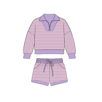 Ensemble short et sweat-shirt en coton certifié CPC et CPSIA, vente en gros, tenue de sport rayée à quart de zip pour filles, ensemble de tennis